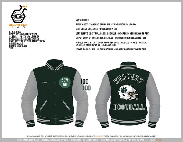 KENNEDY  VARSITY FOOTBALL  LETTERMAN JACKETS W/ NAME ON FRONT AND NUMBER ON SLEEVE