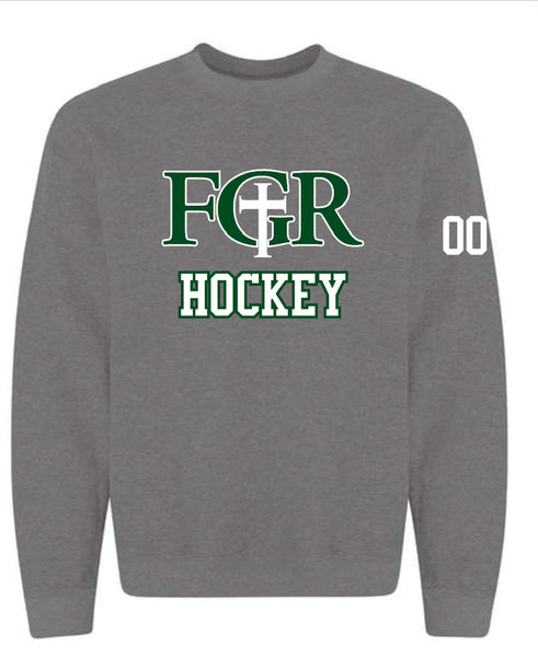 GREY FLEECE  UNISEX CREW WITH TACKLE TWILL HOCKEY   - NUMBER ON SLEEVE
