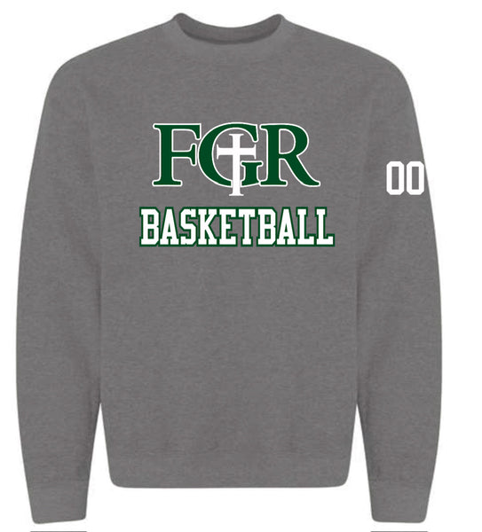 GREY FLEECE  UNISEX CREW WITH TACKLE TWILL BASKETBALL - NUMBER ON SLEEVE