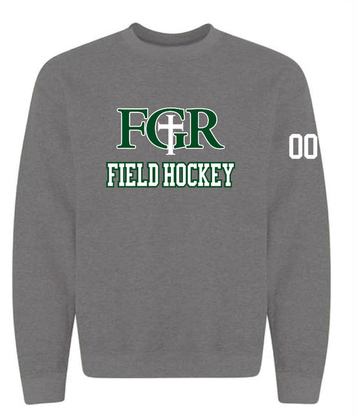 GREY FLEECE  UNISEX CREW WITH TACKLE TWILL FIELD HOCKEY  - NUMBER ON SLEEVE