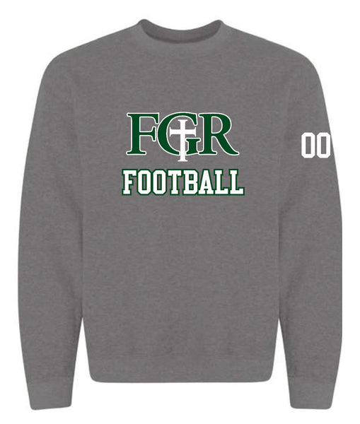 GREY FLEECE  UNISEX CREW WITH TACKLE TWILL FOOTBALL - NUMBER ON SLEEVE