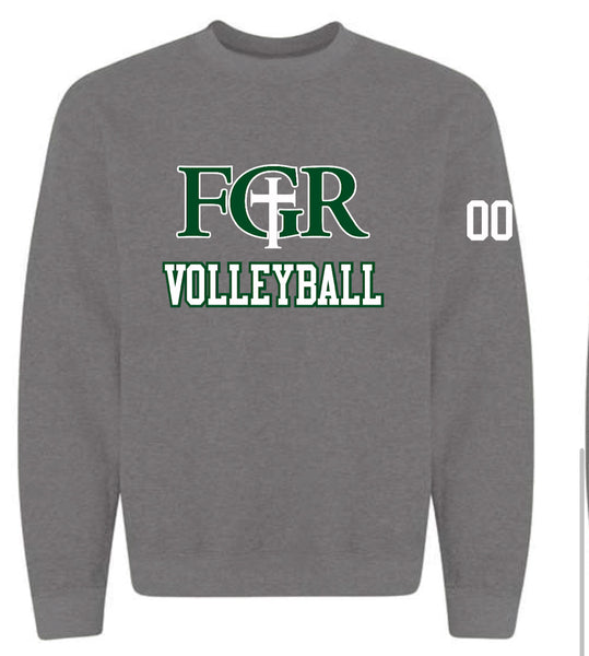 GREY FLEECE  UNISEX CREW WITH TACKLE TWILL VOLLEYBALL- NUMBER ON SLEEVE