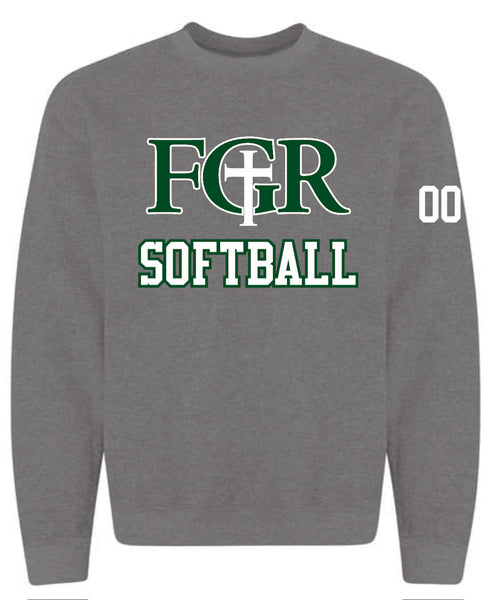 GREY FLEECE  UNISEX CREW WITH TACKLE TWILL SOFTBALL   - NUMBER ON SLEEVE