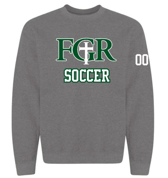 GREY FLEECE  UNISEX CREW WITH TACKLE TWILL SOCCER- NUMBER ON SLEEVE