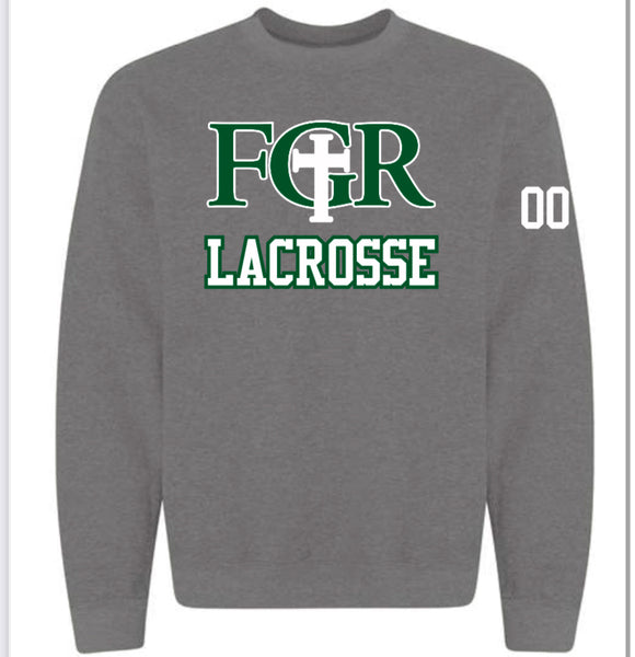 GREY FLEECE  UNISEX CREW WITH TACKLE TWILL LACROSEE - NUMBER ON SLEEVE